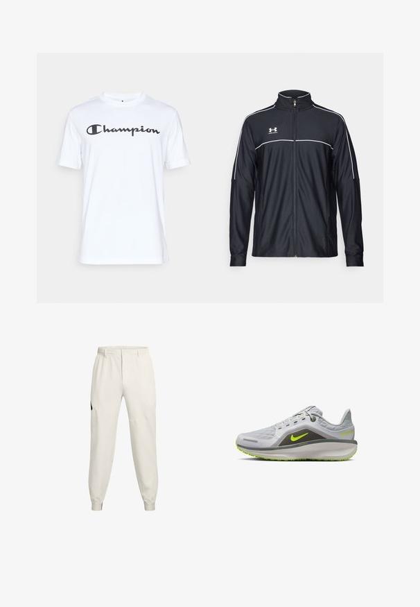Musta urheilu takki, joka on valmistettu sileästä kankaasta. Takissa on korkea kaulus, täyspitkä vetoketju ja valkoiset tehosteet olkapäissä ja rinnassa.; Valkoinen puuvillat-paita lyhyillä hihoilla, jossa on musta kaunokirjoitusk-fontti "Champion" logo rinnassa. Pyöreä kaula-aukko ja rento malli.; Helle beige joggebukser med elastisk midjebånd, sidelommer og ribbekanter; har et sort logoakcent på venstre hofte.; Harmaa urheilujalkine, jossa on teksturoitu päällinen, neonvihreät yksityiskohdat, pehmustettu pohja ja kevyt muotoilu. Varustettu näkyvällä logolla ja yksityiskohdilla.