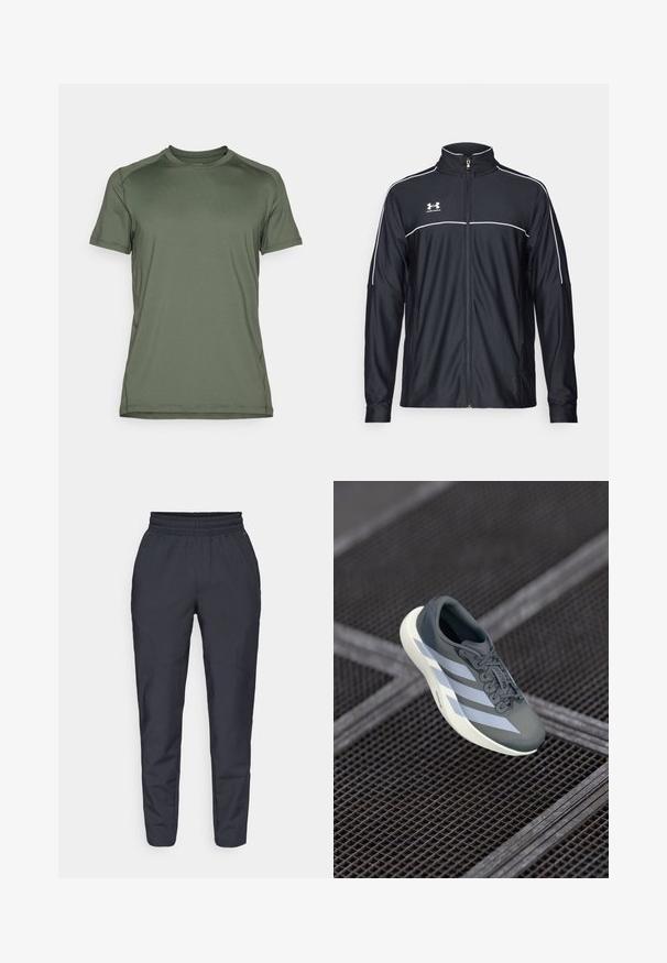 Juodas sportinis džemperis, pagamintas iš lygaus audinio, turintis aukštą apykaklę, pilną užtrauktuką ir baltą apvadą palei pečius ir krūtinę.; Žalios olivinės spalvos trumpų rankovių sportinė marškinė, pagaminta iš lygaus, lengvo audinio; turi apvalų kaklą ir minimalų siūlių apdailą.; Jūros mėlynos tapered tipo kelnės, pagamintos iš minkštos medžiagos, su elastingu juosmeniu, šoninėmis kišenėmis ir lygia tekstūra su subtiliais siuvinėjimo akcentais.; Sportiniai batai pilkos ir baltos spalvos, pagaminti iš sintetinės medžiagos, su srauniu dizainu, tekstūruota danga ir ryškiu raištelių sistemu.