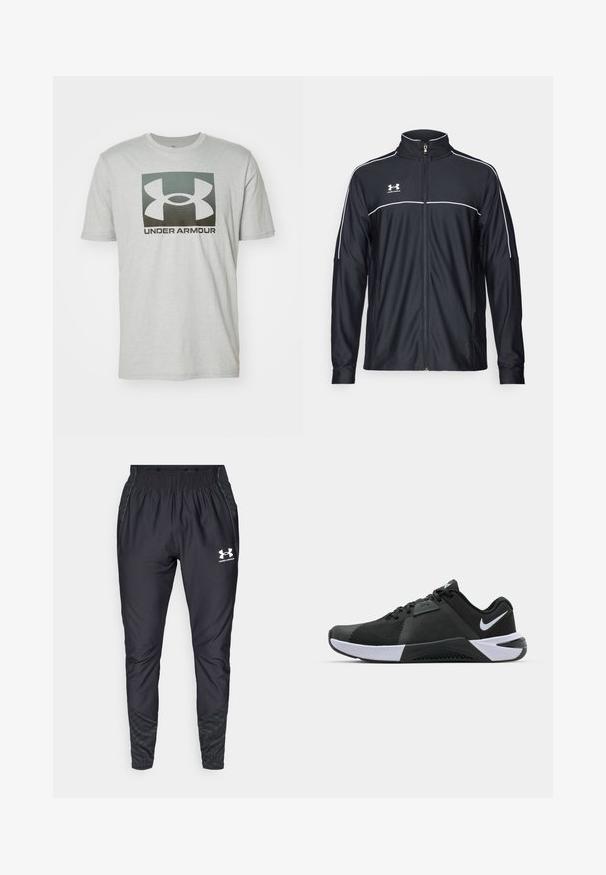 Fekete sportdzseki sima szövetből, magas nyakkal, teljes cipzárral és fehér díszítéssel a vállakon és a mellkason.; Világosszürke pamut póló, amelynek elején egy nagy fekete és szürke Under Armour logó látható, kerek nyakú és rövid ujjú.; Under Armour PRO PANT - Tréningruha alsók - black/white; Nike Performance METCON 10 - Edzőcipő - black/white/anthracite