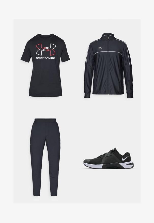 Svart treningsjakke laget av glatt stoff, med høy krage, full glidelås og hvite detaljer langs skuldrene og brystet.; Svart kortermet T-skjorte laget av lett stoff, med et stort rødt og hvitt Under Armour-logo på forsiden.; Sorte treningbukser med glatt tekstur, smal passform, elastisk midjebånd og sidelommer. Har en liten logo på venstre lår.; Nike Performance METCON 10 - Treningssko - black/white/anthracite
