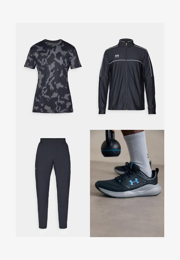 Zwarte sportjack van soepel materiaal, met een hoge kraag, volledige ritssluiting en witte piping langs de schouders en borst.; Grijze camouflage korte mouwen t-shirt van een gladde, lichte stof; heeft een ronde hals en subtiele branding op de voorkant.; Zwarte sportbroeken met een gladde textuur, slanke pasvorm, elastische tailleband en zijzakken. Bevat een klein logo op het linkerdij.; Zwarte sportschoen met blauwe accenten, gestructureerde bovenkant en grijze zool. Draagt met grijze geribbelde sokken, naast een zwarte kettlebell.