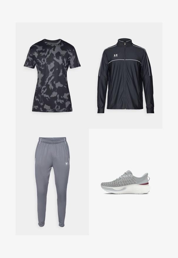 Melnā sporta jaka, izgatavota no gludas auduma, ar augstu apkakli, pilnu rāvējslēdzēju un baltu apdari gar pleciem un krūtīm.; Pelēks kamuflāžas īsām piedurknēm t-krekls, izgatavots no gluda, viegla auduma; tam ir apaļa kakla izgriezums un smalka zīmola virsma priekšpusē.; Pelēki sporta bikses ar elastīgu jostu, sānu kabatām un baltām akcents. Izgatavotas no gludas, vieglas materiāla.; Pelēki skriešanas apavi ar sietu augšējo daļu, kas rotāti ar sarkanām akcentiem, bieza balta zole un teksturēts dizains labākai saķerei.