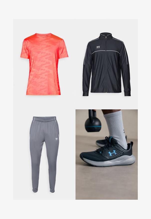 Černá sportovní bunda vyrobena z hladké látky, s vysokým límcem, plným zipem a bílým prošíváním podél ramen a hrudi.; Triko s krátkým rukávem v kamuflážovém vzoru v živé korálové barvě. Vyrobeno z lehkého materiálu s hladkou texturou a kulatým výstřihem.; Šedé sportovní kalhoty s elastickým pasem, postranními kapsami a bílými akcenty. Vyrobeno z hladkého, lehkého materiálu.; Černá sportovní obuv s modrými akcenty, texturovaným svrškem a šedou podrážkou. Nosená se šedými žebrovanými ponožkami, vedle černého kettlebellu.