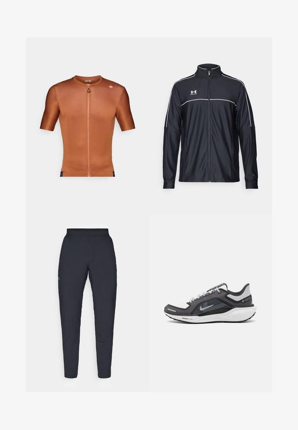 Svart treningsjakke laget av glatt stoff, med høy krage, full glidelås og hvite detaljer langs skuldrene og brystet.; Kortermet sykkeltrøye i teksturert brent oransje stoff. Har halvlang glidelås foran og liten logo på skulderen.; Sorte treningbukser med glatt tekstur, smal passform, elastisk midjebånd og sidelommer. Har en liten logo på venstre lår.; Svart og grå atletisk sko med mesh-overdel, refleksdetaljer og hvit mellomsåle. Har strukturert gummisåle og lisser.