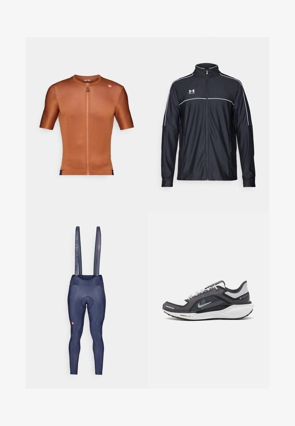 Svart treningsjakke laget av glatt stoff, med høy krage, full glidelås og hvite detaljer langs skuldrene og brystet.; Kortermet sykkeltrøye i teksturert brent oransje stoff. Har halvlang glidelås foran og liten logo på skulderen.; Marineblå sykkeltights med mesh-stropper, polstret sete, glatt stofftekstur, og en liten logo på den nedre delen av benet.; Svart og grå atletisk sko med mesh-overdel, refleksdetaljer og hvit mellomsåle. Har strukturert gummisåle og lisser.