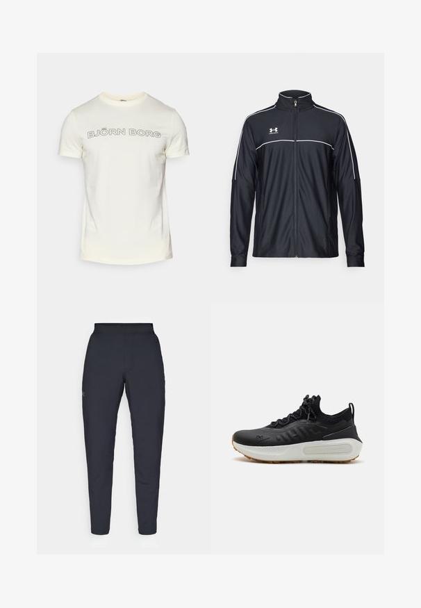 Svart treningsjakke laget av glatt stoff, med høy krage, full glidelås og hvite detaljer langs skuldrene og brystet.; Kremfarget bomull T-skjorte med kort erme, med fet svart tekst "BJÖRN BORG" over brystet i en avrundet font.; Sorte treningbukser med glatt tekstur, smal passform, elastisk midjebånd og sidelommer. Har en liten logo på venstre lår.; Sorte treningssko med teksturert overdel, sokkelignende krave, grå snørebånd, og en hvit mellomsåle med et mønsterdesign samt gummisåle.