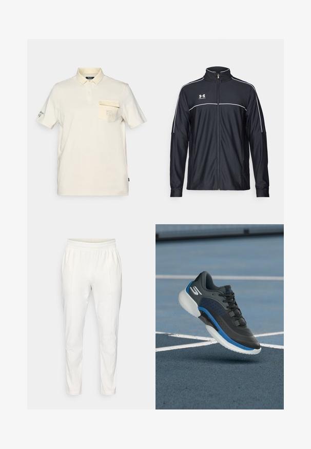 Zwarte sportjack van soepel materiaal, met een hoge kraag, volledige ritssluiting en witte piping langs de schouders en borst.; Crème kleurige polo shirt met korte mouwen en een knoopzak op de borst, voorzien van een logo en geborduurde tekst op de linkermouw.; Witte, lichtgewicht, taps toelopende broeken met een elastische tailleband en zijzakken; een gladde textuur met minimale kreukels.; Zwarte sportschoen met blauwe accenten, synthetisch materiaal, gestructureerd oppervlak en een lichte witte zool. Voorzien van veters en perforaties.