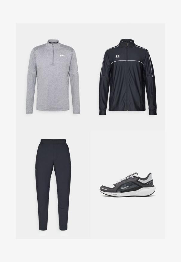 Crna sportska jakna od glatkog materijala, s visokim ovratnikom, punim zatvaračem i bijelim detaljima duž ramena i grudnog dijela.; Siva majica dugih rukava s polu-zipperskim ovratnikom, izrađena od teksturirane tkanine. Ima bijeli Nike logo na prsima i rukavima.; Crne sportske hlače s glatkom teksturom, uskih krojeva, elastičnim pojasom i bočnim džepovima. Imaju mali logo na lijevom bedru.; Crne i sive atletske cipele s mrežastim gornjim dijelom, reflektirajućim detaljima i bijelim među-djelom. Imaju strukturiranu gumenu potplate i vezice.