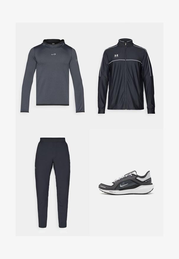 Svart treningsjakke laget av glatt stoff, med høy krage, full glidelås og hvite detaljer langs skuldrene og brystet.; Endless HERO - Topper langermet - titanium; Sorte treningbukser med glatt tekstur, smal passform, elastisk midjebånd og sidelommer. Har en liten logo på venstre lår.; Svart og grå atletisk sko med mesh-overdel, refleksdetaljer og hvit mellomsåle. Har strukturert gummisåle og lisser.