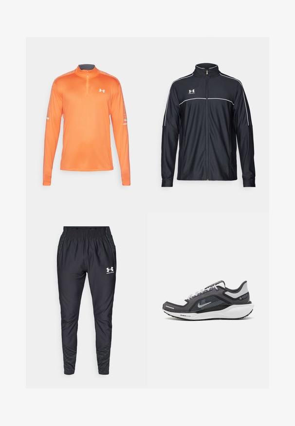 Sort atletisk jakke lavet af glat stof, med høj krave, fuld lynlås og hvide piping langs skuldrene og brystet.; Orange langærmet atletisk skjorte med halv lynlåskrave. Lavet af glat stof, med strukturerede detaljer på skuldrene.; Under Armour PRO PANT - Træningsbukser - black/white; Sort og grå atletisk sko med en mesh-overdel, reflekterende detaljer og en hvid mellemsål. Har en tekstureret gummisål og snørebånd.