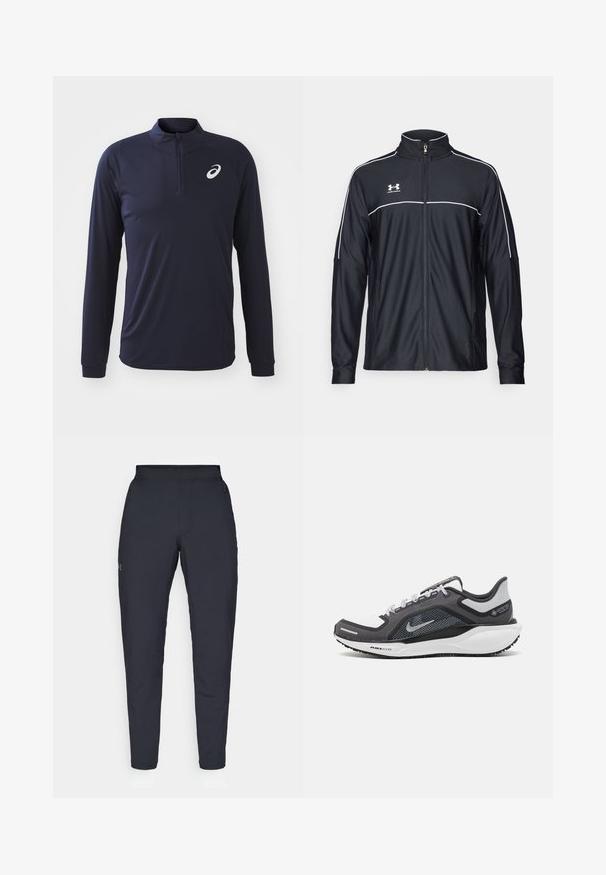 Mustmust rõivakate, mis on valmistatud siledast kangast, kõrge kraega, täispika tõmblukuga ja valgete ääristega õlgadel ja rinnaosas.; Tumesinine pika varrukaga spordipusa, millel on pooltõmblukk kaeluses, sile tekstuur ja väike kontrastne logo vasakul rinnal.; Mustad mustreid spordipüksid, millel on sile tekstuur, kitsas lõige, elastne vöökoht ja küljetaskud. Vasakule reiele on tikandatud väike logo.; Mustern ja hallide värvusega spordijalats, millel on võrgusilmast ülemine osa, peegeldavad aktsendid ja valge vaheosa. Omab tekstuuriga kummist välisosa ja kingapaelu.