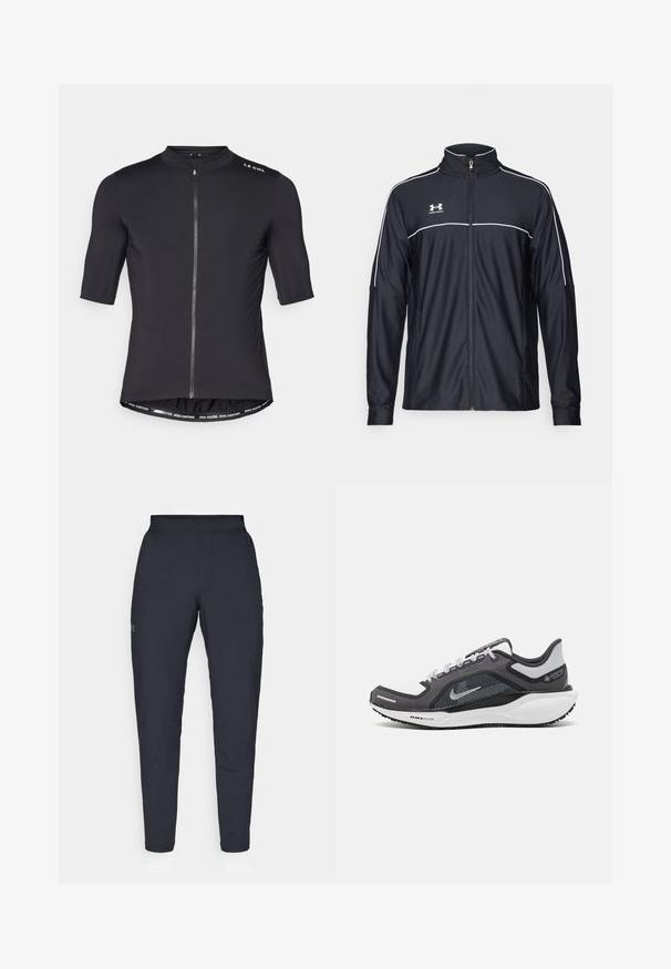 Juodas sportinis džemperis, pagamintas iš lygaus audinio, turintis aukštą apykaklę, pilną užtrauktuką ir baltą apvadą palei pečius ir krūtinę.; Juodas trumpas rankovės dviratininko džersis su aukštu apykakle, priekinėm užtrauktuku ir kontrastingo juosmens detalėm, ant kurių užrašyta "VAŽIUOK GREIČIAU. VAŽIUOK DAUGIAU."; Juodos sportinės kelnės su lygiu paviršiumi, siauru siluetu, elastingu juosmeniu ir šoninėmis kišenėmis. Mažas logotipas yra kairėje šlaunyje.; Juodas ir pilkas sportinis batelis su tinkleliu viršuje, atspindinčiais akcentais ir balta vidurinė dalimi. Yra tekstūruota guminė išorinė pada ir raišteliai.