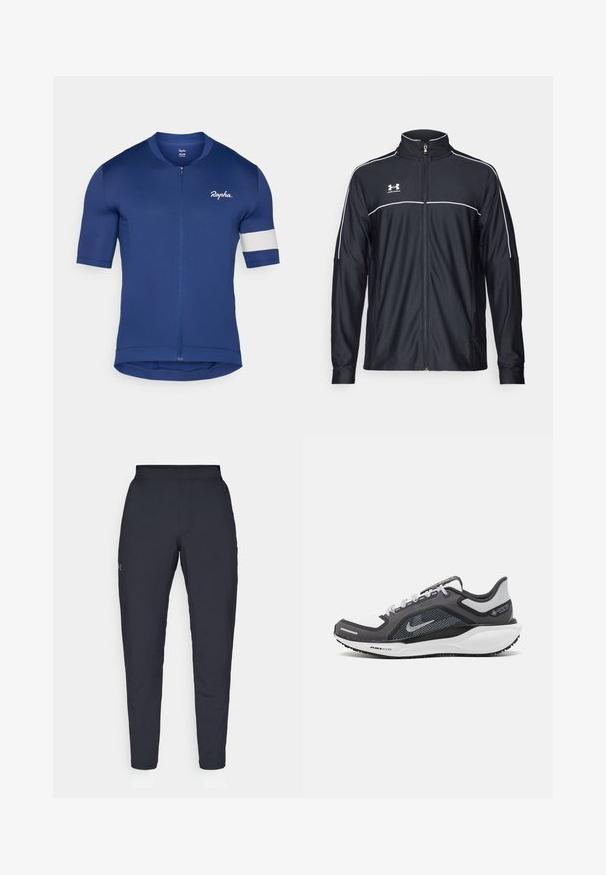 Svart treningsjakke laget av glatt stoff, med høy krage, full glidelås og hvite detaljer langs skuldrene og brystet.; Kortslemet sykkeltrøye i mørk blå, med glidelås og hvit stripe som aksent. Laget av teksturert, pustende stoff med en tettsittende design.; Sorte treningbukser med glatt tekstur, smal passform, elastisk midjebånd og sidelommer. Har en liten logo på venstre lår.; Svart og grå atletisk sko med mesh-overdel, refleksdetaljer og hvit mellomsåle. Har strukturert gummisåle og lisser.