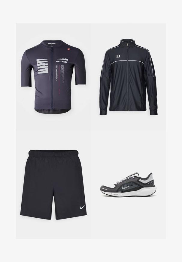 Czarna sportowa kurtka z gładkiego materiału, z wysokim kołnierzem, pełnym zamkiem błyskawicznym oraz białymi lamówkami na ramionach i klatce piersiowej.; Koszulka kolarska z krótkim rękawem w ciemnoniebieskim kolorze, charakteryzująca się zamkiem błyskawicznym z przodu, teksturowanym materiałem, odblaskowymi elementami oraz detalami marki.; Czarne spodenki sportowe wykonane z lekkiego materiału, z elastycznym pasem. Posiadają małe białe logo Nike na dolnej lewej stronie.; Czarne i szare buty sportowe z siateczkową cholewką, odblaskowymi akcentami i białą podeszwą środkową. Posiadają teksturowaną gumową podeszwę i sznurowadła.