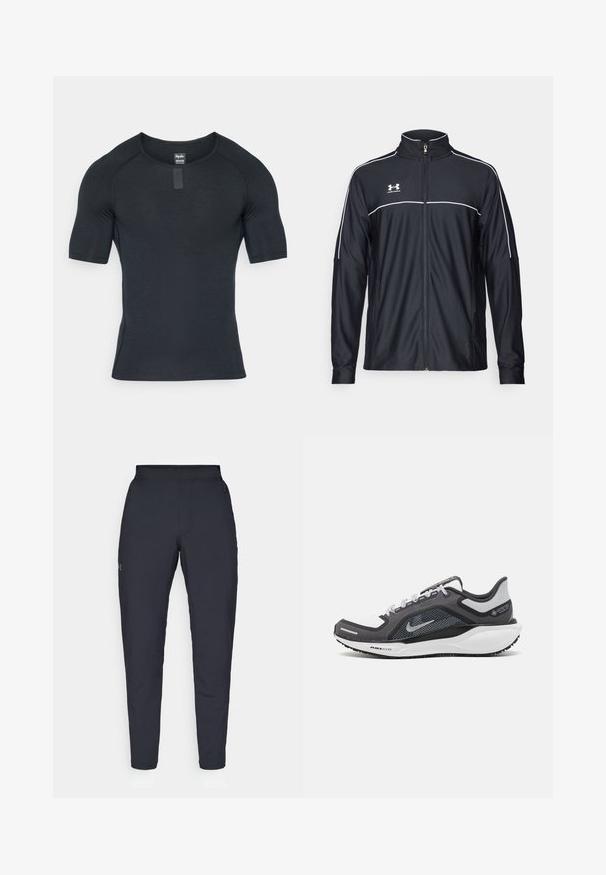 Jachetă sport neagră dintr-un material neted, cu guler înalt, fermoar complet și dungi albe pe umeri și piept.; Cămașă sport neagră cu mâneci scurte și decolteu rotund, fabricată dintr-un material neted și ușor. Prezintă detalii subtile de cusătură și un etichetă la guler.; Pantaloni sportivi negri cu o textură fină, croială slim, talie elastică și buzunare laterale. Prezentă un mic logo pe coapsa stângă.; Încălțăminte sport neagră și gri, cu partea superioară din plasă, accente reflectorizante și o talpă intermediară albă. Dispune de o talpă din cauciuc texturat și șireturi.