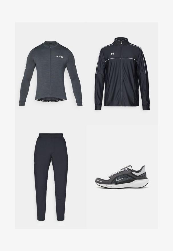 Musta urheilu takki, joka on valmistettu sileästä kankaasta. Takissa on korkea kaulus, täyspitkä vetoketju ja valkoiset tehosteet olkapäissä ja rinnassa.; Pitkähihaisen pyöräilypuseron tummanharmaasta kankaasta, jossa on etuvetoketju ja valkoinen "LE COL" -logo rinnassa ja hihassa. Joustava, istuva muotoilu.; Mustat urheiluhousut, joissa on sileä pinta, kapea malli, joustava vyötäkuja ja sivutaskut. Vasemmassa reisissä on pieni logo.; Musta ja harmaa urheilukenka, jossa on verkkopäällinen, heijastavat yksityiskohdat ja valkoinen välipohja. Varustettu kuvioidulla kumipohjalla ja nauhoilla.