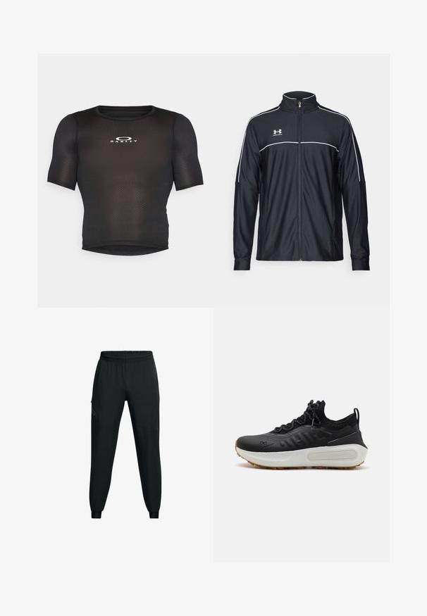 Mustmust rõivakate, mis on valmistatud siledast kangast, kõrge kraega, täispika tõmblukuga ja valgete ääristega õlgadel ja rinnaosas.; Mustad lühikeste varrukatega sporttop, mis on valmistatud võrgumaterjalist. Omab ümmargust kaelust ja ees on valge "Oakley" logo.; Musthave mustamaadid sportlikud püksid elastse vöökohaga, kitseneva jala disainiga, küljetaskudega ja kontrastsete paneelide detailidega. Kerge, sileda kangaga.; Mustad mustlussaadad tekstuuriga ülemise osaga, sokilaadsed krae, hallid nöörid ja valge vaheosa, millel on mustriga disain ja kummine välistald.