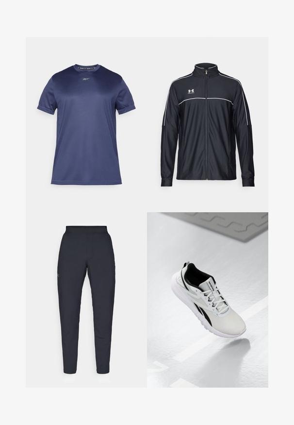 Jachetă sport neagră dintr-un material neted, cu guler înalt, fermoar complet și dungi albe pe umeri și piept.; Tricou sportiv cu mânecă scurtă de culoare albastru marin, fabricat dintr-un material neted și elastic. Are un guler rotund și un logo discret pe piept.; Pantaloni sportivi negri cu o textură fină, croială slim, talie elastică și buzunare laterale. Prezentă un mic logo pe coapsa stângă.; Pantof cu design sportiv de culoare gri deschis, cu accente negre, superior din plasă texturată, talpă cu amortizare și sistem de închidere cu șireturi. Dispune de un tab de prindere pe călcâi.