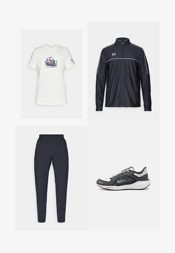 Black athletic jacket made of smooth fabric, featuring a high collar, full zipper, and white piping along the shoulders and chest.; White cotton t-shirt featuring a graphic print of a futuristic vehicle with a circular design, displayed against a light blue geometric background.; Black athletic pants with a smooth texture, slim fit, elastic waistband, and side pockets. Features a small logo on the left thigh.; Black and gray athletic shoe with a mesh upper, reflective accents, and a white midsole. Features textured rubber outsole and laces.