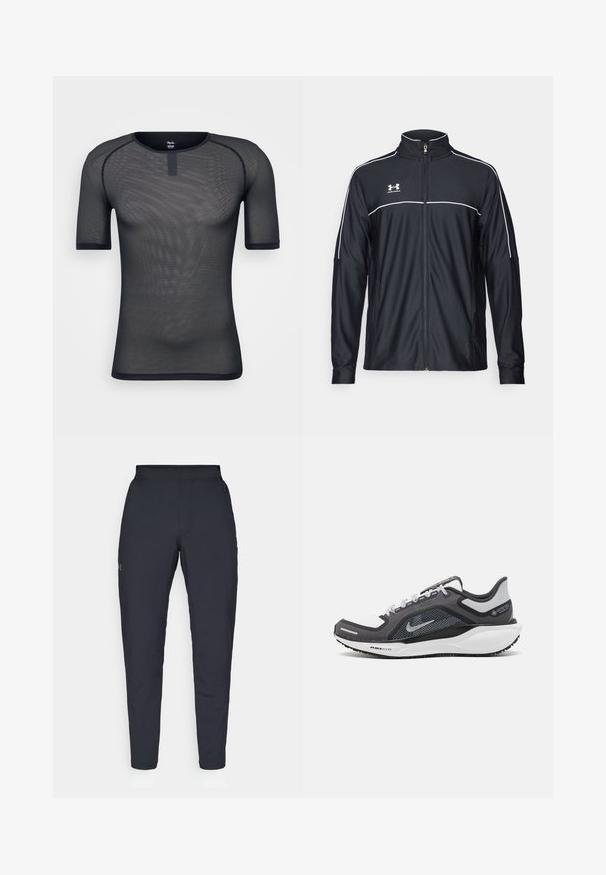 Μαύρο αθλητικό μπουφάν από λείο ύφασμα, με ψηλό γιακά, πλήρη φερμουάρ και λευκό ρέλι στους ώμους και στο στήθος.; Μαύρο κοντομάνικο μπλουζάκι από διχτυωτό ύφασμα με στρογγυλή λαιμόκοψη και διακριτική υφή. Διαθέτει ενισχυμένες ραφές και μια μικρή ετικέτα λογότυπου κοντά στη λαιμόκοψη.; Μαύρο αθλητικό παντελόνι με λεία υφή, στενή εφαρμογή, ελαστική μέση και πλαϊνές τσέπες. Διαθέτει ένα μικρό λογότυπο στον αριστερό μηρό.; Μαύρο και γκρι αθλητικό παπούτσι με επάνω μέρος από διχτυωτό υλικό, ανακλαστικές λεπτομέρειες και λευκή μεσαία σόλα. Διαθέτει υφή από καουτσούκ στην εξωτερική σόλα και κορδόνια.