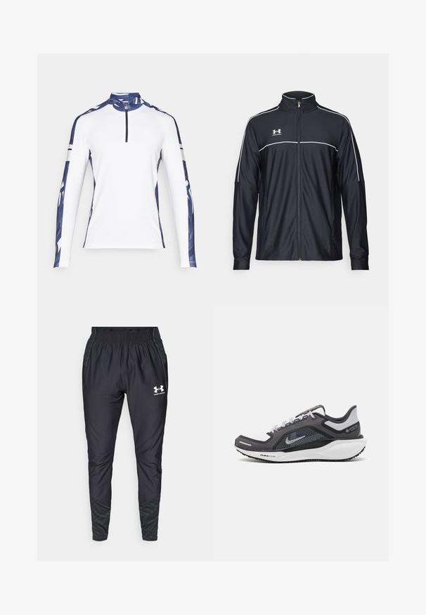 Crna sportska jakna od glatkog materijala, s visokim ovratnikom, punim zatvaračem i bijelim detaljima duž ramena i grudnog dijela.; Dug dzepna majica s dugim rukavima, bijela s plavim uzorkom na rukavima, visokog ovratnika i zatvaračem od 1/4. Ima kontrastne crne pruge na rukavima.; Under Armour PRO PANT - Donji dijelovi trenirke - black/white; Crne i sive atletske cipele s mrežastim gornjim dijelom, reflektirajućim detaljima i bijelim među-djelom. Imaju strukturiranu gumenu potplate i vezice.
