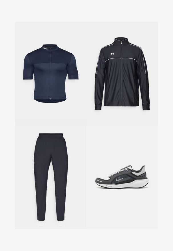 Jachetă sport neagră dintr-un material neted, cu guler înalt, fermoar complet și dungi albe pe umeri și piept.; Jersey de ciclism de culoare bleumarin, cu mâneci scurte, prevăzut cu un fermoar frontal, material texturat și un guler înalt cu un logo mic la gât.; Pantaloni sportivi negri cu o textură fină, croială slim, talie elastică și buzunare laterale. Prezentă un mic logo pe coapsa stângă.; Încălțăminte sport neagră și gri, cu partea superioară din plasă, accente reflectorizante și o talpă intermediară albă. Dispune de o talpă din cauciuc texturat și șireturi.