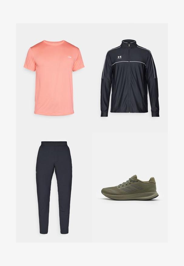 Jachetă sport neagră dintr-un material neted, cu guler înalt, fermoar complet și dungi albe pe umeri și piept.; Tricou scurt din material texturat, de culoare coraliu deschis, cu mânecă scurtă, dotat cu un guler rotund și un mic logo alb pe piept.; Pantaloni sportivi negri cu o textură fină, croială slim, talie elastică și buzunare laterale. Prezentă un mic logo pe coapsa stângă.; Adidași verzi pentru sport cu un material mesh texturat, trei dungi gri pe lateral și o talpă cu amortizare. Include șireturi și un guler căptușit.