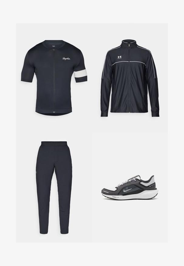 Černá sportovní bunda vyrobena z hladké látky, s vysokým límcem, plným zipem a bílým prošíváním podél ramen a hrudi.; Krátký rukáv cyklistické dresu v tmavě námořnické barvě, s předním zipem, strukturovanou tkaninou a bílým pruhem na levém rukávu s detailním logem.; Černé sportovní kalhoty s hladkou texturou, slim fit, elastickým pasem a bočními kapsami. Na levém stehně je umístěno malé logo.; Černá a šedá sportovní obuv s vrškem z prodyšné síťoviny, reflexními akcenty a bílou mezipodešví. Obsahuje texturovanou gumovou podrážku a tkaničky.