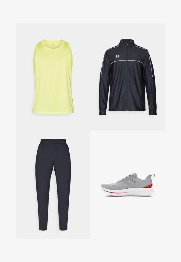 Giacca sportiva nera realizzata in tessuto liscio, con colletto alto, zip completa e piping bianco lungo le spalle e il petto.; Canottiera atletica senza maniche di colore verde lime, realizzata in tessuto leggero, con scollatura rotonda e logo bianco sul petto. Texture liscia.; Pantaloni sportivi neri con una texture liscia, vestibilità slim, vita elastica e tasche laterali. Presentano un piccolo logo sulla coscia sinistra.; Scarpa da corsa grigia chiara caratterizzata da una tomaia in mesh con motivo, un'intersuola bianca con un accento rosso e una suola testurizzata per la presa.
