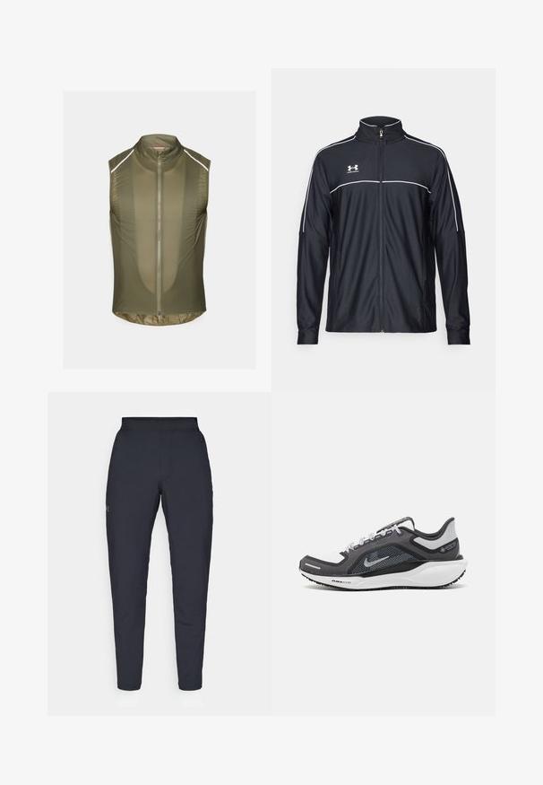 Svart treningsjakke laget av glatt stoff, med høy krage, full glidelås og hvite detaljer langs skuldrene og brystet.; Olivenfarget ermeløs vest laget av lett, teksturert stoff, med en front glidelås og reflekterende striper langs skuldrene.; Sorte treningbukser med glatt tekstur, smal passform, elastisk midjebånd og sidelommer. Har en liten logo på venstre lår.; Svart og grå atletisk sko med mesh-overdel, refleksdetaljer og hvit mellomsåle. Har strukturert gummisåle og lisser.