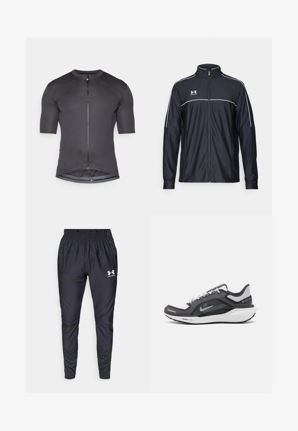 Czarna sportowa kurtka z gładkiego materiału, z wysokim kołnierzem, pełnym zamkiem błyskawicznym oraz białymi lamówkami na ramionach i klatce piersiowej.; Ciemnoszara, krótkoszeregowa koszulka kolarska z suwakiem z przodu, subtelnym brandingiem i dopasowanym krojem. Wykonana z gładkiego, elastycznego materiału.; Under Armour - Spodnie treningowe; Czarne i szare buty sportowe z siateczkową cholewką, odblaskowymi akcentami i białą podeszwą środkową. Posiadają teksturowaną gumową podeszwę i sznurowadła.