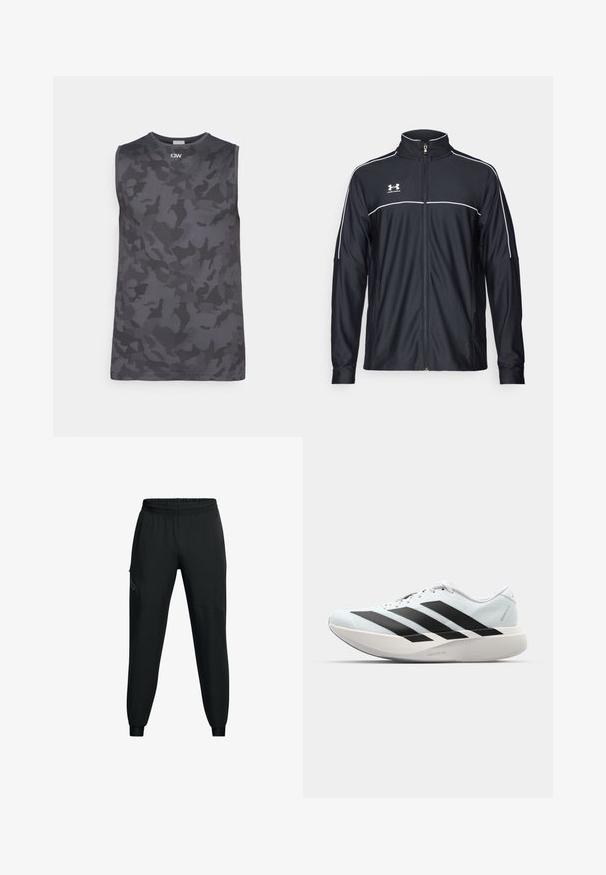 Svart sportjacka i ett slätt tyg, med hög krage, hel dragkedja och vit piping längs axlarna och bröstet.; Ärmlös mörkgrå tanktop med kamouflage mönster. Tillverkad av slät tyg, den har en rundad halsringning och en subtil logotyp i mitten.; Svarta träningsbyxor med elastiskt midjeband, design med avsmalnande ben, sidofickor och kontrasterande paneldetaljer. Lätt, slät tyg.; Lätta löparskor i ljusblått med svarta ränder. Har en slät ovandel, rund tå och tjock vit mellansula märkt "LIGHTSTRIKE PRO."