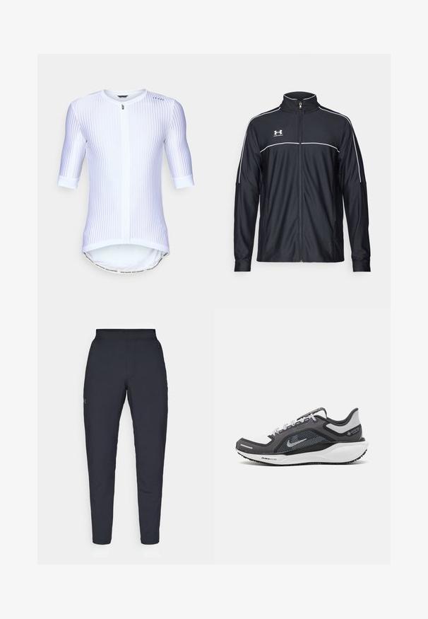 Musta urheilu takki, joka on valmistettu sileästä kankaasta. Takissa on korkea kaulus, täyspitkä vetoketju ja valkoiset tehosteet olkapäissä ja rinnassa.; Valkoinen pyöräilypaita pystysuorilla raidoilla, lyhyet hihat, etuvetoketju, pyöristetty helma ja kontrastivärinen tekstiä oleva nauha alas.; Mustat urheiluhousut, joissa on sileä pinta, kapea malli, joustava vyötäkuja ja sivutaskut. Vasemmassa reisissä on pieni logo.; Musta ja harmaa urheilukenka, jossa on verkkopäällinen, heijastavat yksityiskohdat ja valkoinen välipohja. Varustettu kuvioidulla kumipohjalla ja nauhoilla.