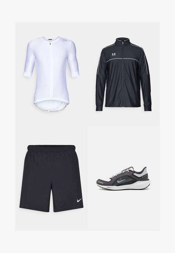 Svart treningsjakke laget av glatt stoff, med høy krage, full glidelås og hvite detaljer langs skuldrene og brystet.; Hvit sykkeltrøye med vertikale striper, korte ermer, glidelås foran, runding i nederkant og en kontrastband med tekst nederst.; Svart sportskjørt laget av lett materiale med elastisk linning. Har en liten hvit Nike-logo nederst til venstre.; Svart og grå atletisk sko med mesh-overdel, refleksdetaljer og hvit mellomsåle. Har strukturert gummisåle og lisser.