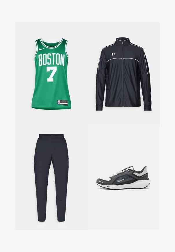 Crna sportska jakna od glatkog materijala, s visokim ovratnikom, punim zatvaračem i bijelim detaljima duž ramena i grudnog dijela.; Zelena košarkaška majica s bijelim natpisom. Sadrži "BOSTON" i broj "7." Izrađena je od prozračnog mrežastog materijala, s Nike logotipom i oznakom.; Crne sportske hlače s glatkom teksturom, uskih krojeva, elastičnim pojasom i bočnim džepovima. Imaju mali logo na lijevom bedru.; Crne i sive atletske cipele s mrežastim gornjim dijelom, reflektirajućim detaljima i bijelim među-djelom. Imaju strukturiranu gumenu potplate i vezice.