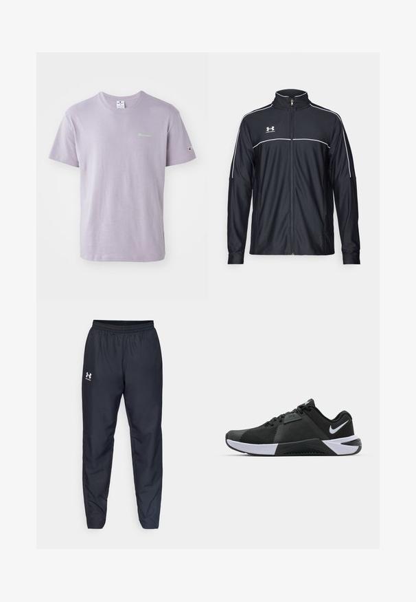 Černá sportovní bunda vyrobena z hladké látky, s vysokým límcem, plným zipem a bílým prošíváním podél ramen a hrudi.; Světle fialové bavlněné tričko s kulatým výstřihem, krátkými rukávy a malým zeleným logem na hrudi, se zvýrazněním loga na rukávu.; Černé sportovní kalhoty s elastickým pasem, zúženými nohavicemi a bílým logem na boku. Vyrobené z lehkého a odolného materiálu.; Nike Performance METCON 10 - Sportovní boty - black/white/anthracite