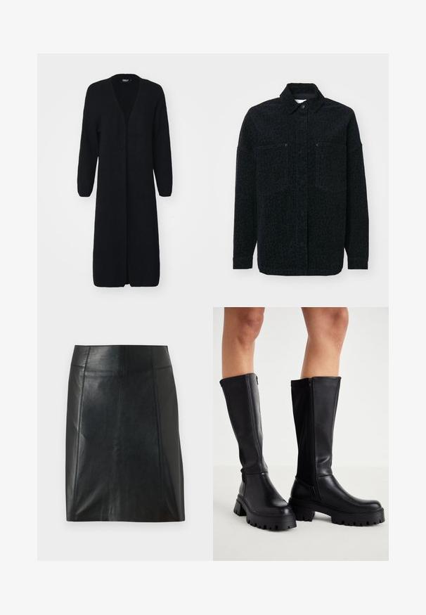 Čierna košeľa s jemným leopardím vzorom, dvoma prednými vreckami a golierom, vyrobená z textilného materiálu.; Dlhý čierny kardigán vyrobený z textúrovanej pleteniny, s výstrihom do V, otvoreným predným dielom a dlhými rukávmi. Žiadne zapínania ani vzory nie sú viditeľné.; Čierny dlhý rukáv body s vysokým golierom, s pevným látkovým trupom a priehľadnými sieťovinovými rukávmi, navrhnuté v priliehavom strihu.; Čierna kožená sukňa s priliehavým strihom. Hladká textura, švy zvýrazňujúce tvar a rovný lem. Minimalistický a elegantný vzhľad.; Čierne členkové čižmy s hladkej ekologickej kože s robustnou podrážkou, bočným zipom a zaobleným špičkovým dizajnom.