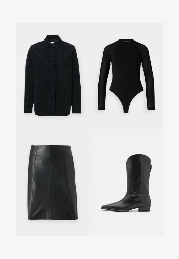 Casaco preto com um padrão de leopardo subtil, duas bolsos frontais e gola, feito de tecido texturizado.; Body preto de manga longa com gola alta, apresentando tecido sólido no tronco e mangas transparentes em rede, desenhado em forma ajustada.; Saia de couro preta com um design ajustado. Textura suave, costuras que delineiam a forma e uma barra reta. Aparência minimalista e elegante.; Vagabond NELLA - Botas de cowboy/motociclista - black