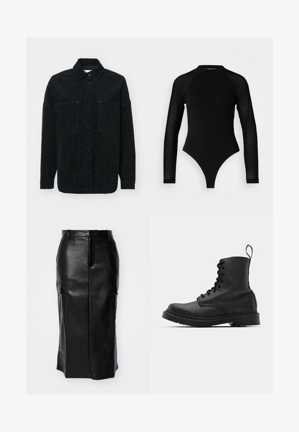 Must jakk musta, millel on peen leopardi muster, kaks esist taskut ja kraega kaelus, valmistatud tekstuurist kangast.; Must muströmpa mustristik pikkannukkide mustri kõrgetting toori jalgade kinnitanud, mulit haufri. Pakk keskosa ülemine vilip. ; Must be kudedeäärne nahkne seelik, millel on esiseam, vöörihmade augud ja külgmised cargo-taskud klappidega, valge tausta peal.; Mustad mustavi combat kingad ümmarguse varbaga, paeltega esiosa ja säärel tõmbeaas. Omab paksu kummist tallat, mis tagab vastupidavuse.