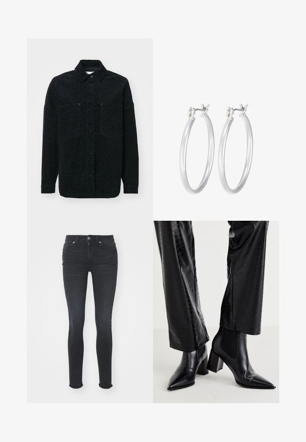 Črna srajčna jakna z diskretnim leopardskim vzorcem, dvema sprednjima žepoma in ovratnikom, izdelana iz teksturirane tkanine.; Črn bodi z dolgimi rokavi in visokim ovratnikom, ki ima trden material na trupu in prosojne mrežaste rokave, oblikovan v prilegajoči se silhueti.; Črne denim usnje s skinny krojem in srednjim pasom, petimi žepi in strganim robom. Tkanina ima gladko teksturo z rahlo elastičnostjo.; RAID NEMMA - Klasični gležnjarji - black metallic; Srebrni obroči za ušesa z gladko, polirano površino. Okrogla oblika in varna zaponka s klikom. Lahka zasnova, primerna za vsakodnevno nošenje.