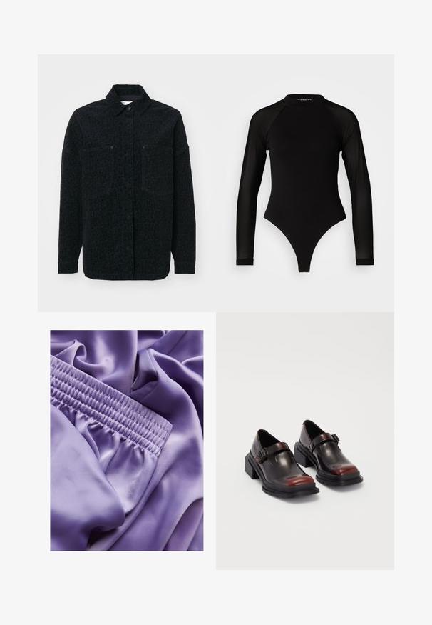 Juoda marškininė striukė su subtiliu leopardų raštu, dviem priekinėmis kišenėmis ir apykakle, pagaminta iš tekstūruoto audinio.; Juodas ilgomis rankovėmis bodis su aukštu kaklu, turintis tvirto audinio torso ir permatomų tinklinių rankovių, sukurtas prigludusio silueto.; JJXX JXKIRA REGULAR PANT - Kelnės - twilight purple; Odiniai blokiniai kulniukai su blizgiu tamsiai rudų vyno atspalviu, su sagties dirželiu ir apvalia nosimi. Tekstūruotas padas geresniam sukibimui.