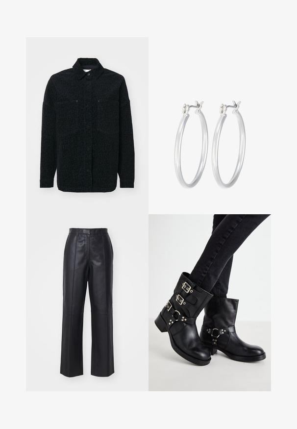 Melnā krekla jakas ar smalku leoparda rakstu, divām priekšējām kabatām un apkakles izgriezumu, izgatavota no struktūras auduma.; Melna garā piedurkne bodijs ar augstu apkakli, kurā ir blīvs audums uz ķermeņa un caurspīdīgas acs piedurknes, izstrādāts pieguļošā formā.; Melnas ādas bikses ar augstu jostasvietu, plata kāju dizainu un vertikālām šuvju detaļām. Gluda tekstūra ar spīdīgu apdari.; Melnas ādas potītēm paredzētas zābaki ar trim sprādzes akcentiem, noapaļota purngala un zemu blokveida papēdi. Dizainā ir iekļauti gan gludi, gan teksturēti paneļi.; Sudraba riņķveida auss gredzeni ar gludu, pulētu apdari. Apaļa forma un drošs klikšķa augšējais slēgums. Viegls dizains, kas piemērots ikdienas valkāšanai.