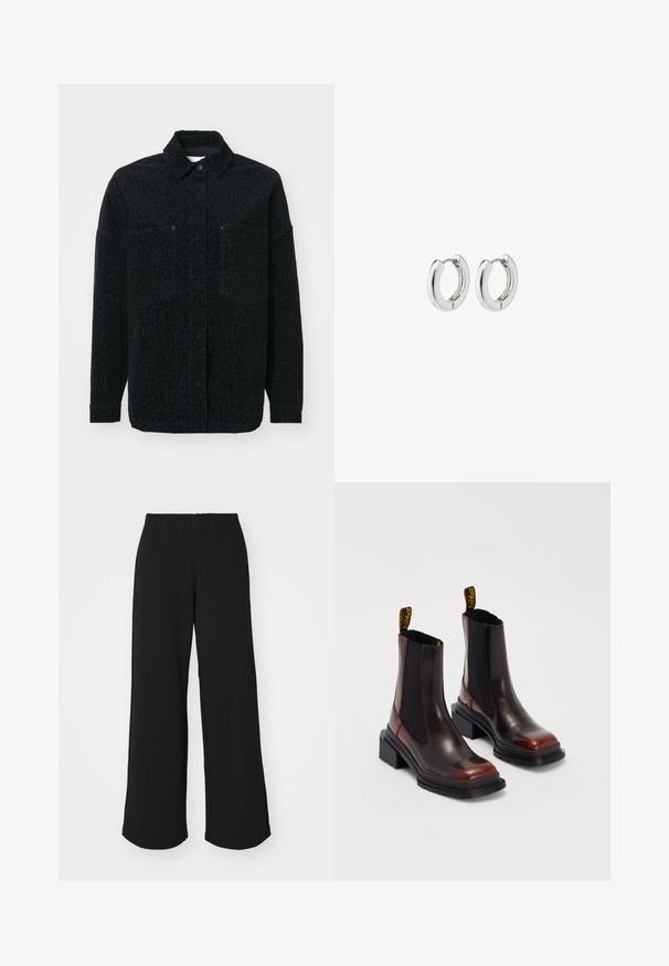 Juoda marškininė striukė su subtiliu leopardų raštu, dviem priekinėmis kišenėmis ir apykakle, pagaminta iš tekstūruoto audinio.; Juodas ilgomis rankovėmis bodis su aukštu kaklu, turintis tvirto audinio torso ir permatomų tinklinių rankovių, sukurtas prigludusio silueto.; Vero Moda VMBERLIN ZAMIRA MW WIDE NOOS - Kelnės - black; Dr. Martens MAYBOLE CHELSEA - Aulinukai su platforma - black/cherry red; Sidabriniai auskarai su poliruotu paviršiumi, turintys apvalią dizaino formą ir be siūlių vyriukus, rodantys lygų paviršių.