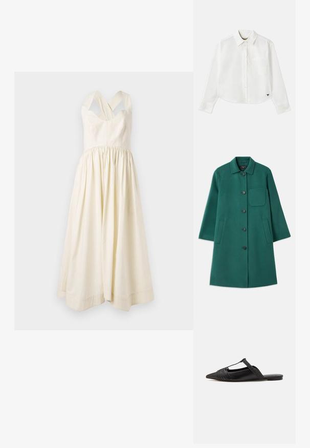 Casaco de lã verde com decote de colarinho, fecho de botão e mangas longas. Possui um bolso no peito e dois bolsos laterais, textura suave.; Vestido de algodão na cor creme com corpete justo e saia larga e fluida. Apresenta alças largas cruzadas nos ombros e um design simples.; Camisa branca de manga longa cropped em algodão. Apresenta fecho com botões na frente, um bolso no peito e um pequeno logotipo preto no canto inferior esquerdo.; Sapatilha slingback em couro preto com bico pontudo, apresentando um detalhe trançado e um design superior plissado. Sola plana com hardware mínimo.