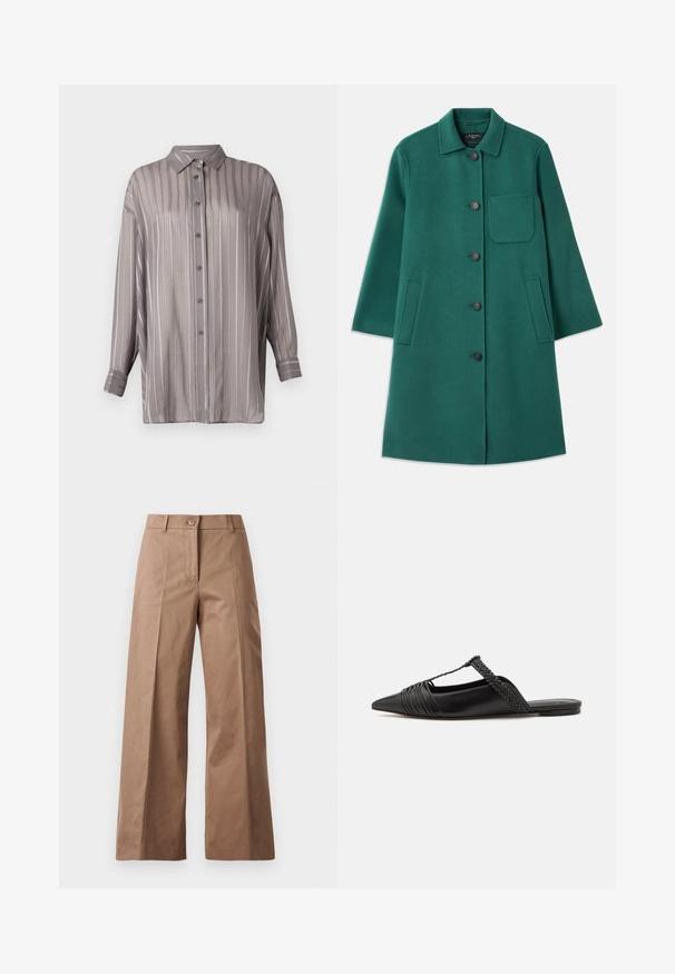 Cappotto di lana verde con colletto, chiusura a bottoni e maniche lunghe. Presenta una tasca sul petto e due tasche laterali, texture liscia.; Camicia grigia chiara con righe verticali, maniche lunghe e colletto. Realizzata in un tessuto liscio e leggermente trasparente.; Pantaloni larghi marroni realizzati in un tessuto morbido, con chiusura frontale con bottone, due tasche anteriori e linee pulite e sartoriali.; Scarpa slingback in pelle nera con punta appuntita, con un dettaglio intrecciato e un design superiore plissettato. Suola piatta con hardware minimale.