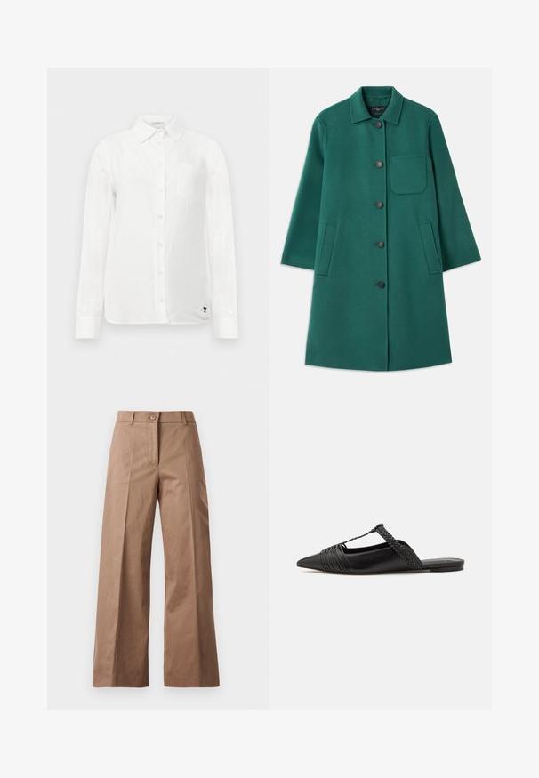 Manteau en laine vert avec un col, fermeture à boutons et manches longues. Comprend une poche poitrine et deux poches latérales, texture lisse.; Chemise blanche à manches longues avec un col boutonné, une poche poitrine unique et un tissu texturé subtil. Présente un détail de logo brodé noir.; Pantalons larges marron en tissu lisse, dotés d'une fermeture à bouton à l'avant, de deux poches avant et de lignes nettes et ajustées.; Chaussure en cuir noir à talon ouvert avec un bout pointu, présentant un accent tressé et un design supérieur plissé. Semelle plate avec un matériel minimal.