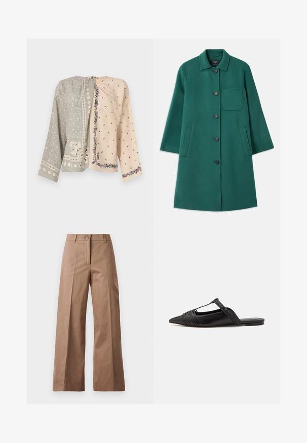 Green wool coat with a collared neckline, button closure, and long sleeves. Features a chest pocket and two side pockets, smooth texture.; Two-tone jacket: one side in gray with floral embroidery and bead accents, the other in cream with small floral prints and trim.; Brown wide-leg trousers made from a smooth fabric, featuring a front button closure, two front pockets, and clean, tailored lines.; Black leather slingback shoe with a pointed toe, featuring a woven accent and pleated upper design. Flat sole with minimal hardware.