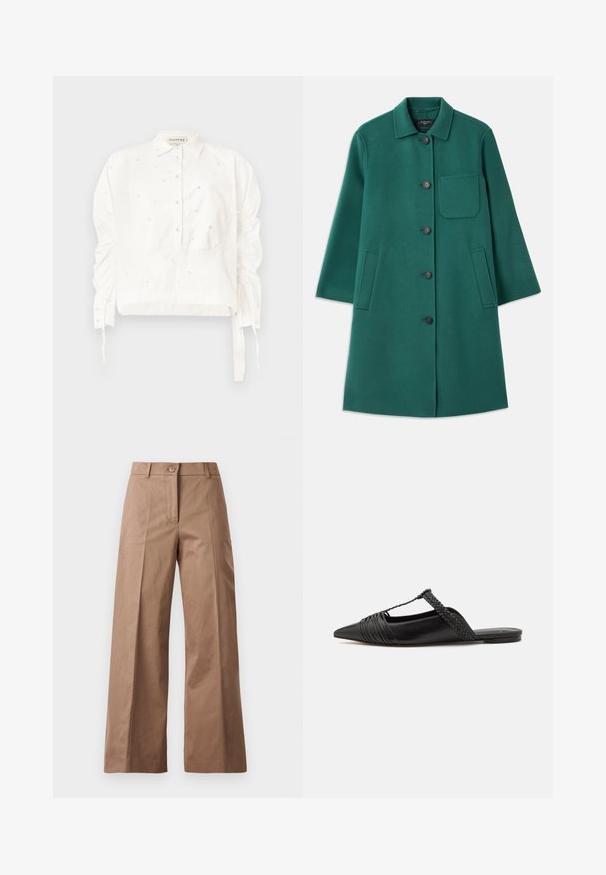 Grüner Wollmantel mit Kragen, Knopfverschluss und langen Ärmeln. Verfügt über eine Brusttasche und zwei Seitentaschen, glatte Textur.; Weißes, kurzes Hemd aus Baumwolle mit durchgehender Knopfleiste, gerafften Ärmeln und dekorativen Perlenverzierungen.; Braune weite Hose aus einem glatten Stoff, mit einem Knopfverschluss vorne, zwei Fronttaschen und klaren, maßgeschneiderten Linien.; Schwarzer Leder-Slingback-Schuh mit spitzem Zehenbereich, ausgestattet mit einem geflochtenen Akzent und einem gefalteten Oberdesign. Flache Sohle mit minimalem Zubehör.