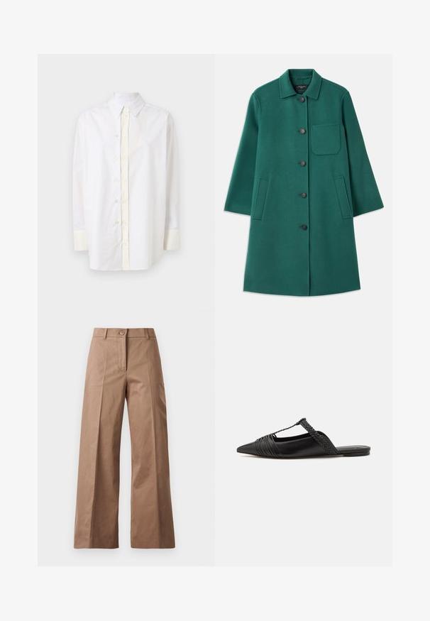 Manteau en laine vert avec un col, fermeture à boutons et manches longues. Comprend une poche poitrine et deux poches latérales, texture lisse.; Chemise blanche en coton à boutons avec un col pointu, une patte de boutonnage à l'avant, des manches longues et de légères touches de crème sur les poignets et les zones des boutons.; Pantalons larges marron en tissu lisse, dotés d'une fermeture à bouton à l'avant, de deux poches avant et de lignes nettes et ajustées.; Chaussure en cuir noir à talon ouvert avec un bout pointu, présentant un accent tressé et un design supérieur plissé. Semelle plate avec un matériel minimal.