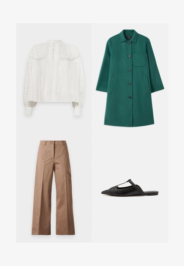 Green wool coat with a collared neckline, button closure, and long sleeves. Features a chest pocket and two side pockets, smooth texture.; White blouse with a high neck, button closure, textured front, and puffed sleeves featuring pleated fabric and elastic cuffs.; Brown wide-leg trousers made from a smooth fabric, featuring a front button closure, two front pockets, and clean, tailored lines.; Black leather slingback shoe with a pointed toe, featuring a woven accent and pleated upper design. Flat sole with minimal hardware.